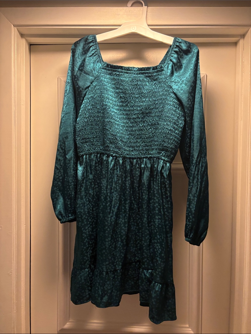 art class Teal Long Sleeve Smocked Bodice Dress